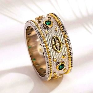 Silver Peridot Emerald Zircon Band Ring